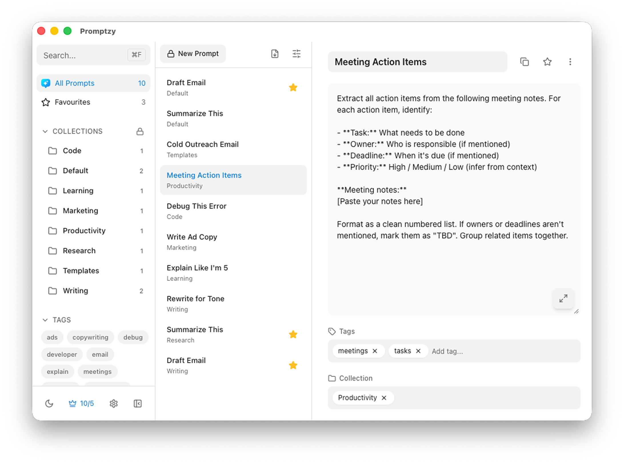 Promptzy AI prompt manager in light mode — clean interface for organizing prompts with collections and tags on macOS
