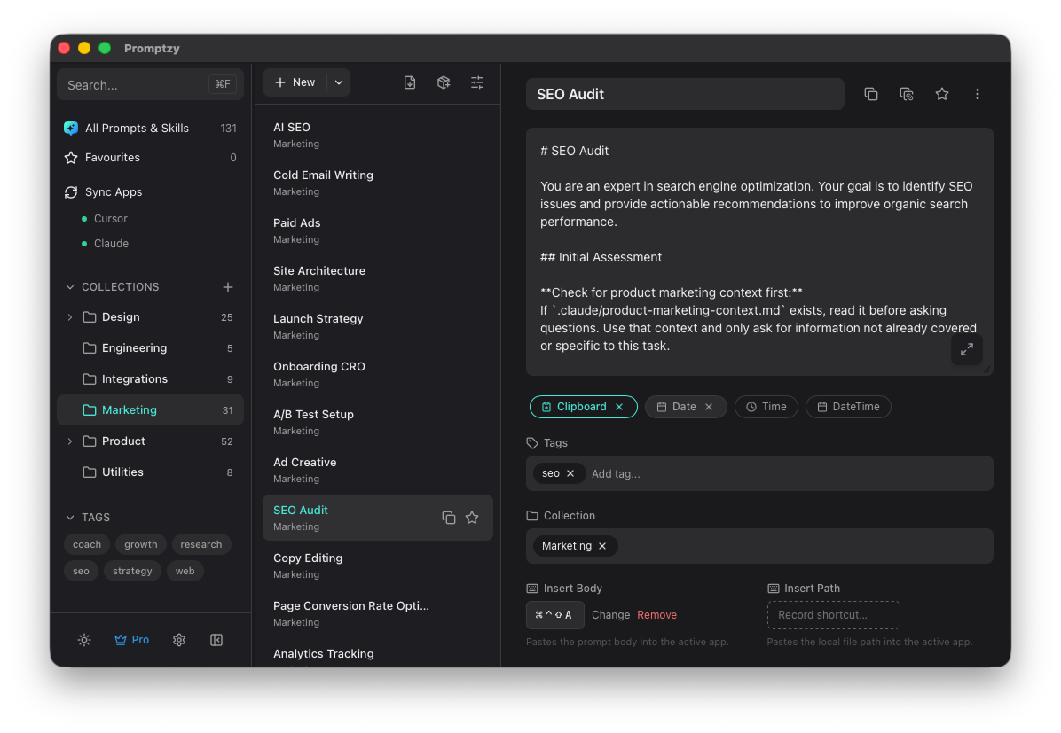 Promptzy AI skills manager showing collections, tags, dynamic tokens, Markdown editor, and per-prompt keyboard shortcuts on macOS