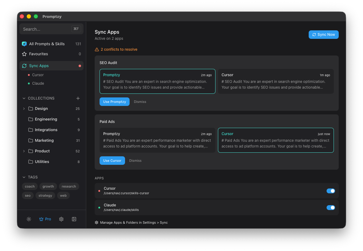Promptzy sync management showing connected AI apps, conflict resolution between Cursor and Claude, and real-time sync status
