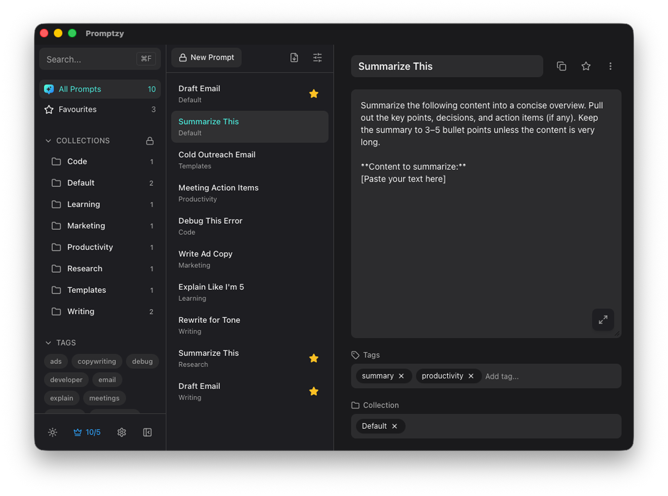 Promptzy full-screen Markdown prompt editor with tags, collections, and rich editing for AI prompts