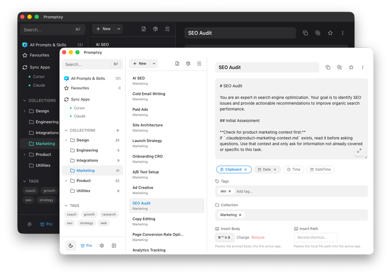 Promptzy AI skills manager in dark and light mode on macOS