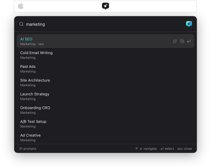Promptzy Spotlight-style launcher for searching and pasting AI skills into any macOS app