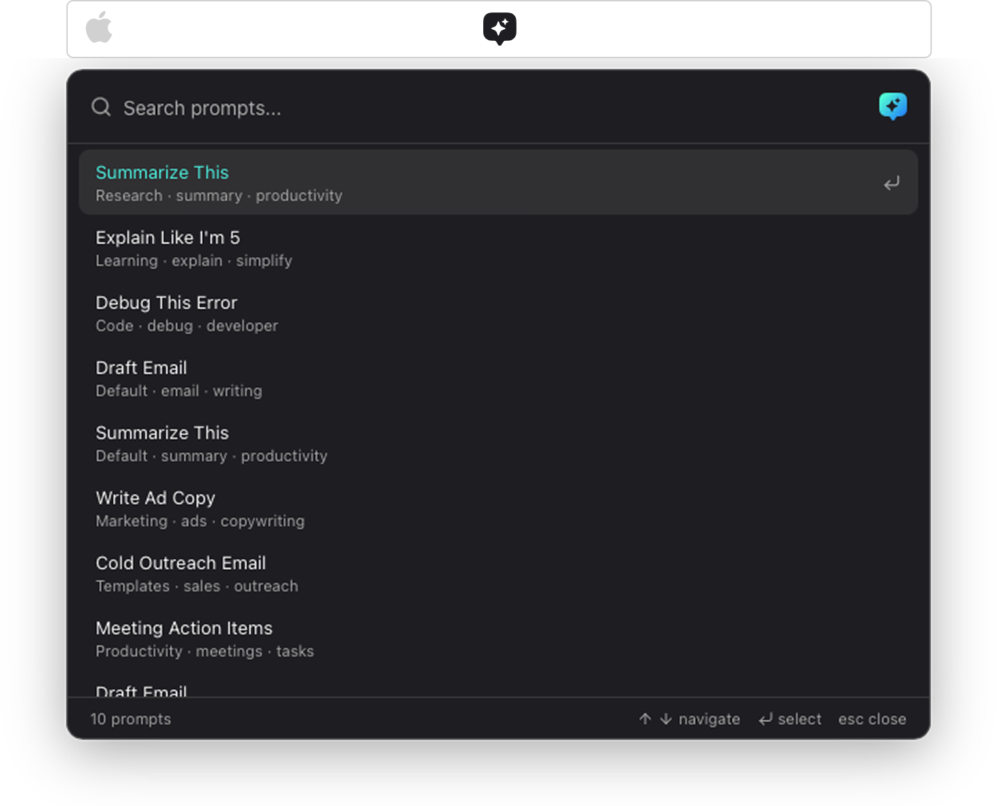 Promptzy Spotlight-style prompt launcher — search and paste AI prompts into any macOS app with Cmd+Shift+P keyboard shortcut